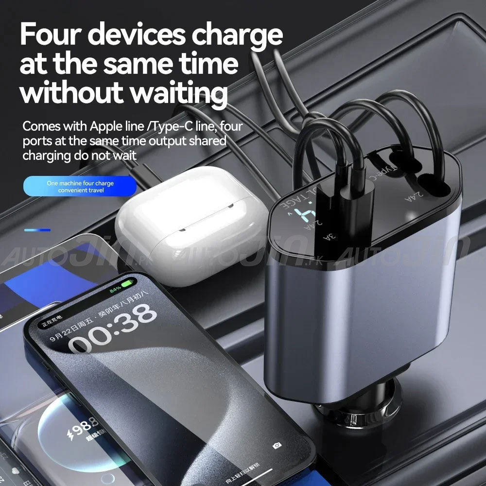 SOGO 120w 4 in 1 USB Fast Charging Car Cigarette Lighter Adapter Retractable Cable